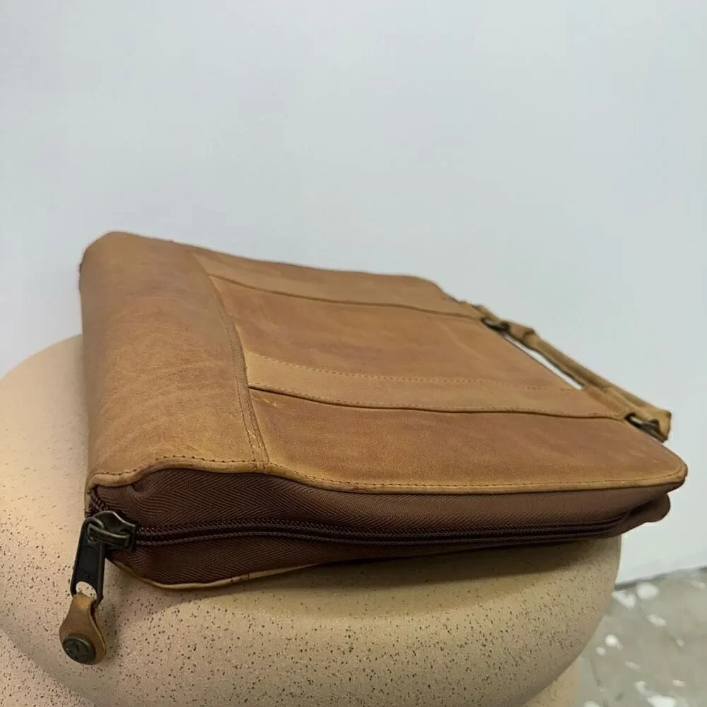 Franklin Covey Vintage 1996 SpaceMaker Tan Leather Zip 7 Ring Briefcase